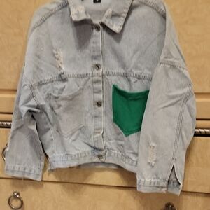 Denim Jacket with Green Pocket